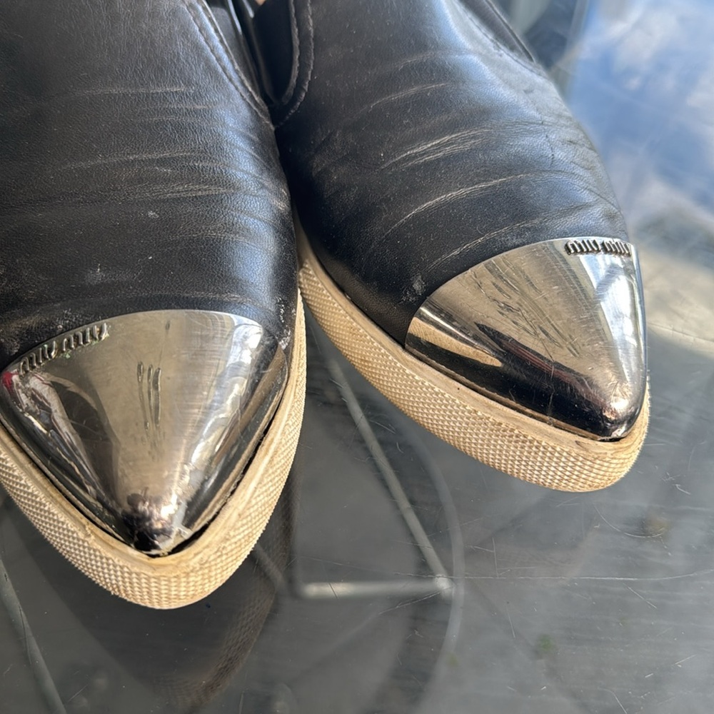 Miu Miu Black Leather Slip-On Sneakers with Silver Cap Toe - Picture 9 of 9